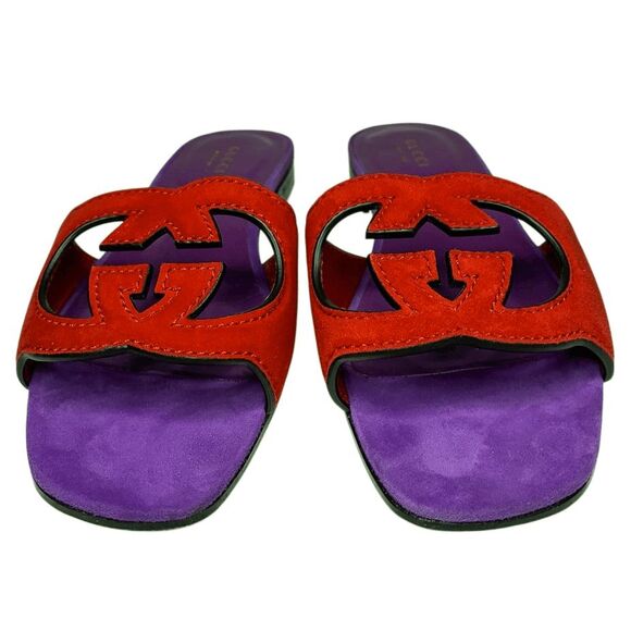 Gucci Kid Scamosciato Interlocking Double G Cut Out Slide Sandals 37.5 Suede - Picture 3 of 11